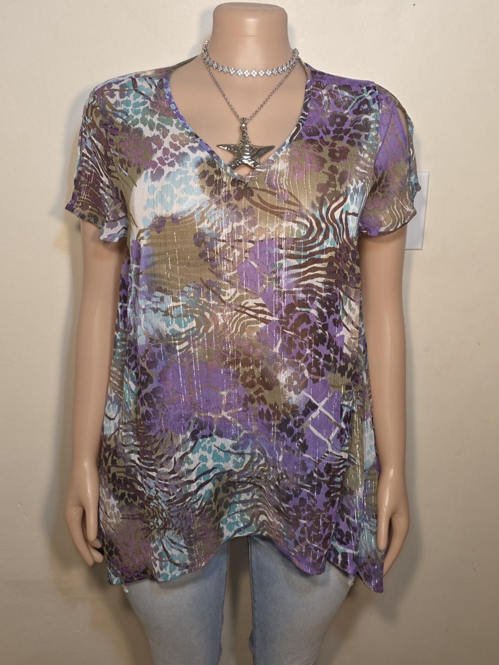 Jaclyn Smith Purple Teal Brown Animal Print Short Sleeve V-Neck Top